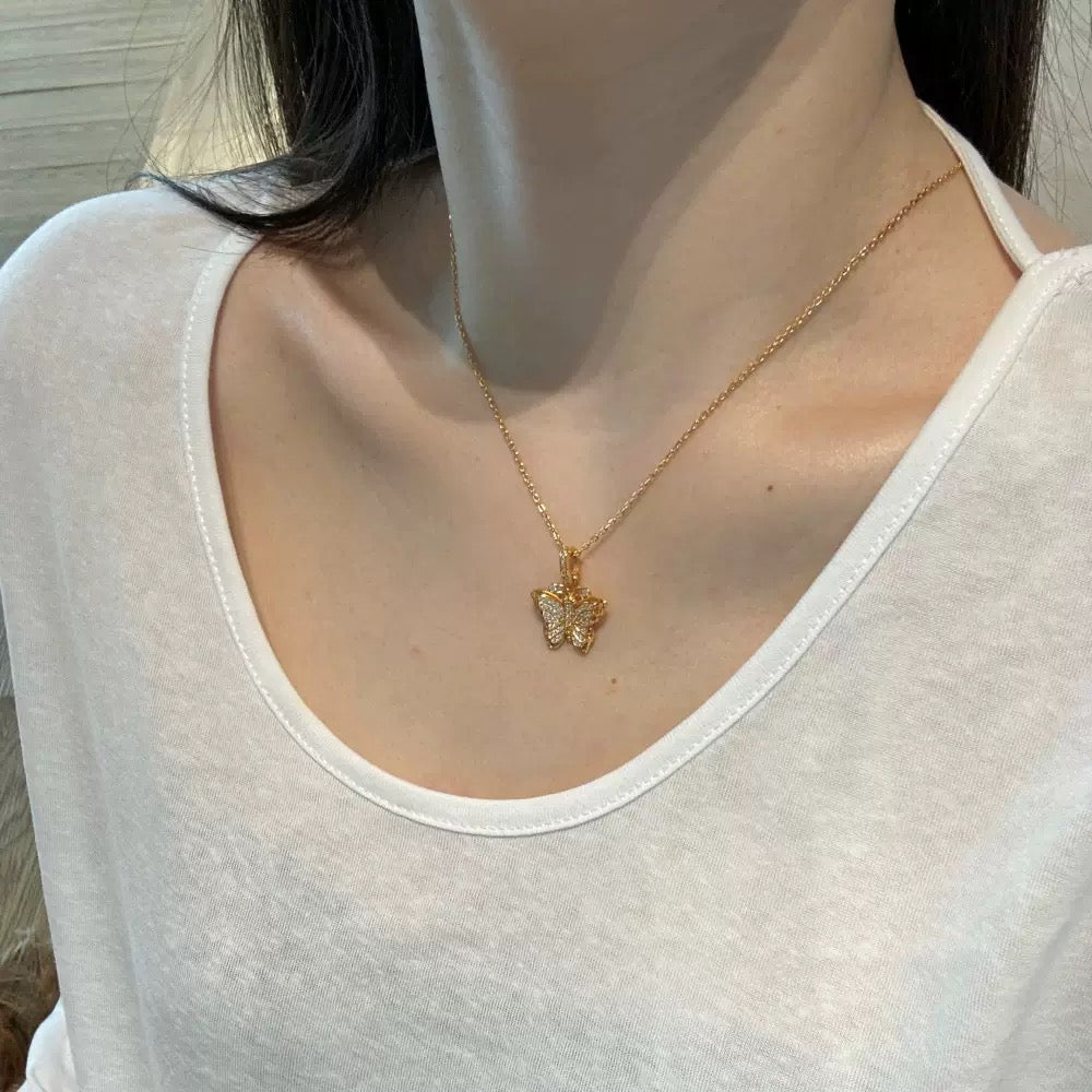 S925 Sterling Silver Vintage Butterfly CZ Necklace Gold Finish Adjustable