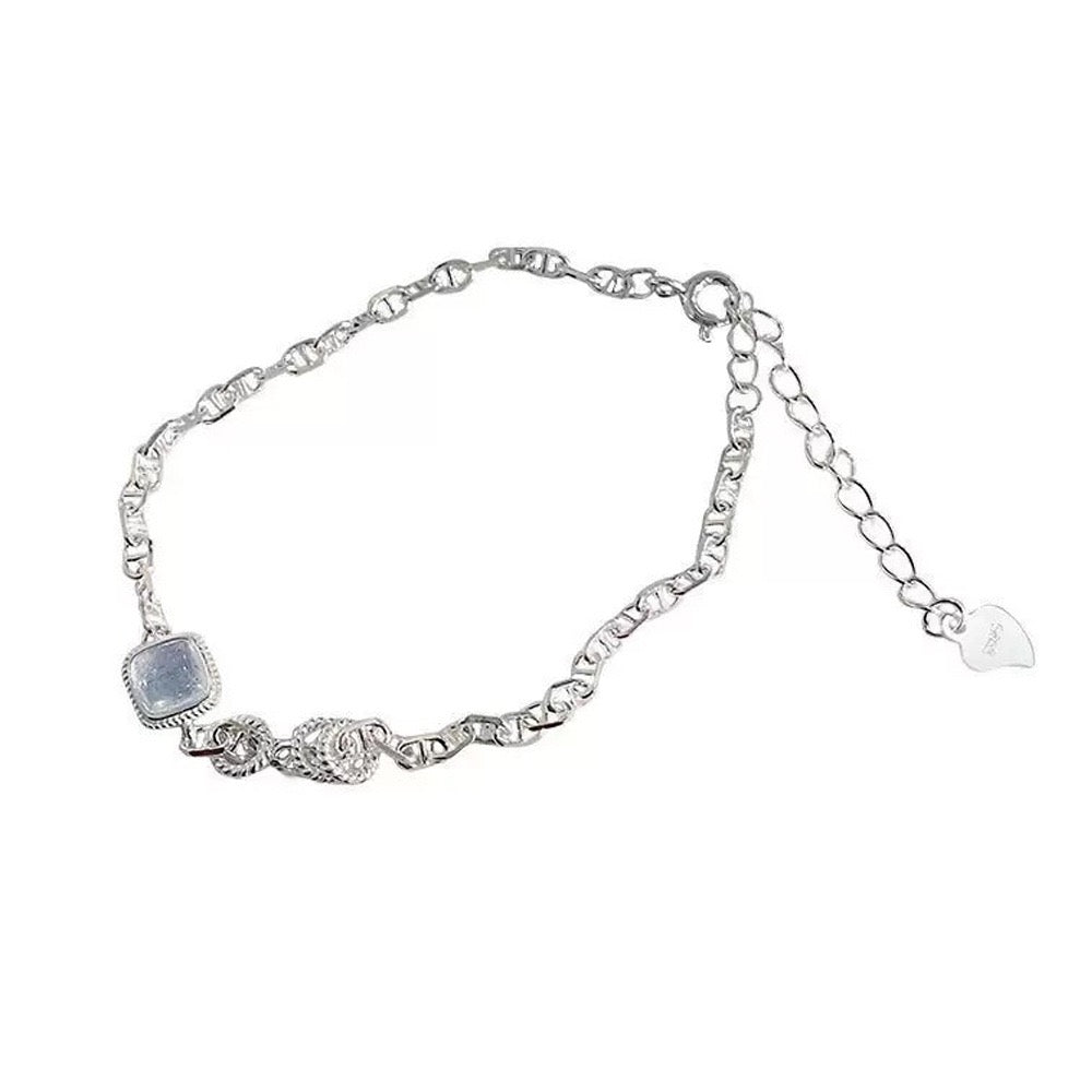 S925 Sterling Silver Aquamarine Cube Bracelet Snake Chain Adjustable