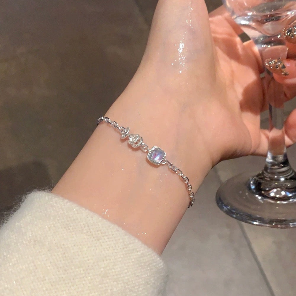 S925 Sterling Silver Aquamarine Cube Bracelet Snake Chain Adjustable