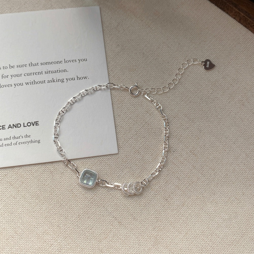 S925 Sterling Silver Aquamarine Cube Bracelet Snake Chain Adjustable