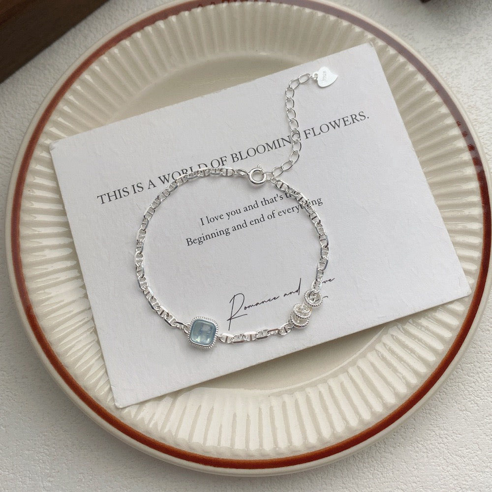 S925 Sterling Silver Aquamarine Cube Bracelet Snake Chain Adjustable