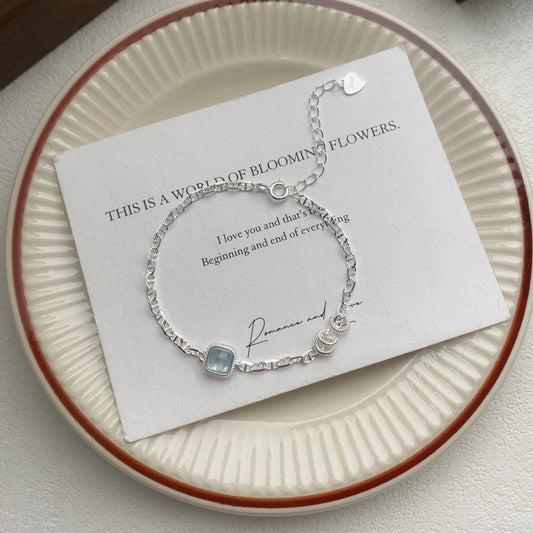 S925 Sterling Silver Aquamarine Cube Bracelet Snake Chain Adjustable
