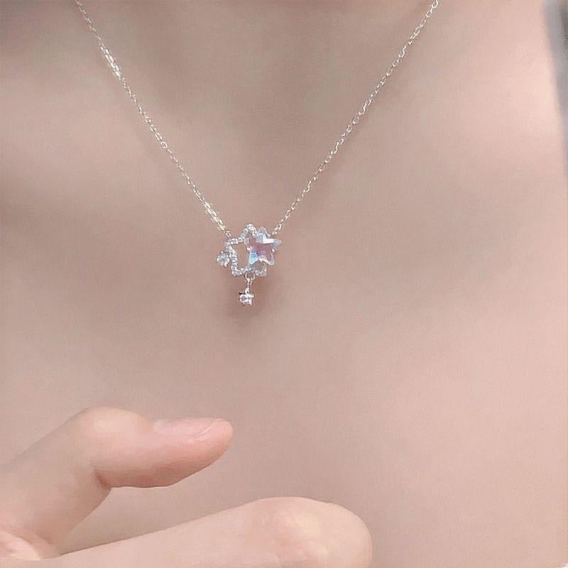 S925 Sterling Silver Star Moon CZ Necklace Adjustable Snake Chain