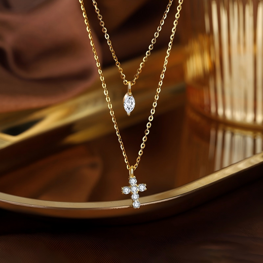 S925 Sterling Silver Mini Cross Necklace Double Chain 5A CZ Adjustable
