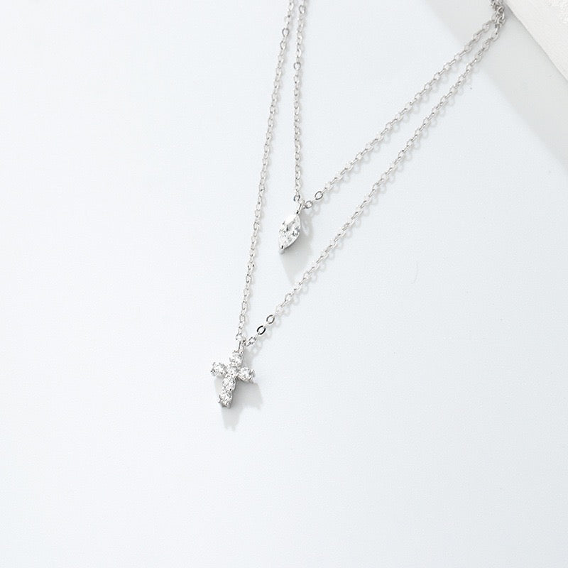 S925 Sterling Silver Mini Cross Necklace Double Chain 5A CZ Adjustable