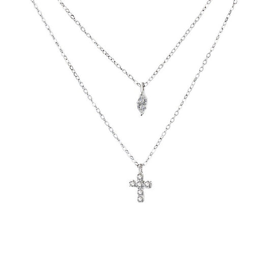 S925 Sterling Silver Mini Cross Necklace Double Chain 5A CZ Adjustable