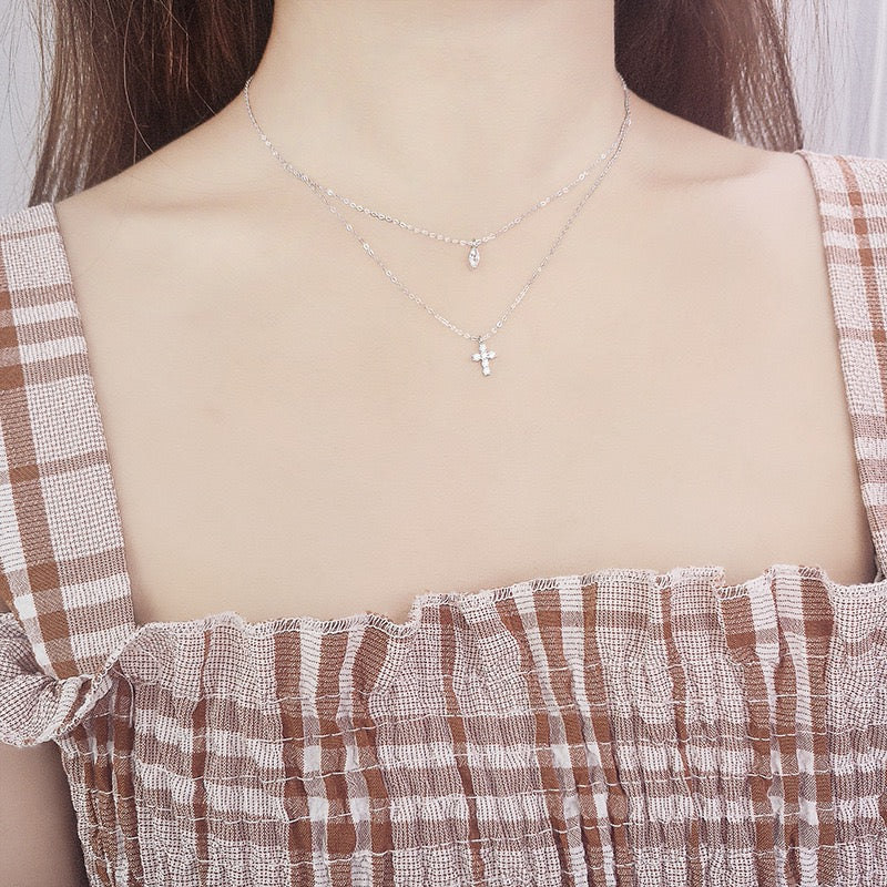 S925 Sterling Silver Mini Cross Necklace Double Chain 5A CZ Adjustable