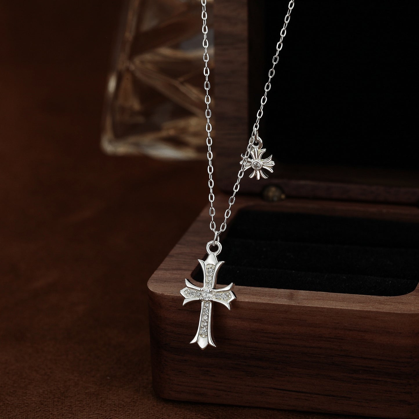 S999 Pure Silver Double Cross Necklace Adjustable Cable Chain