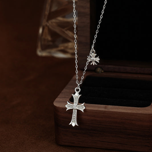 S999 Pure Silver Double Cross Necklace Adjustable Cable Chain