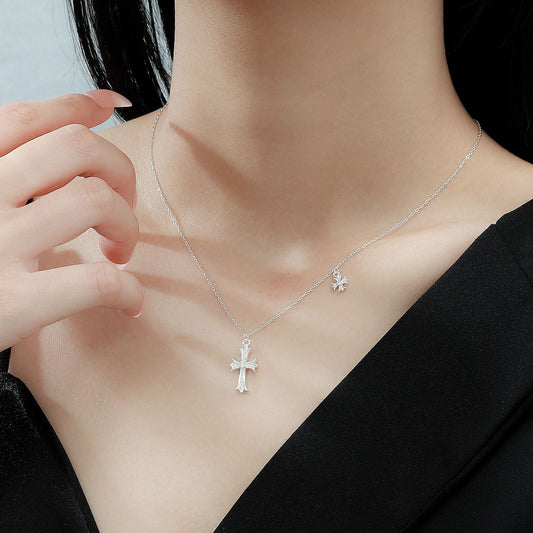 S999 Pure Silver Double Cross Necklace Adjustable Cable Chain