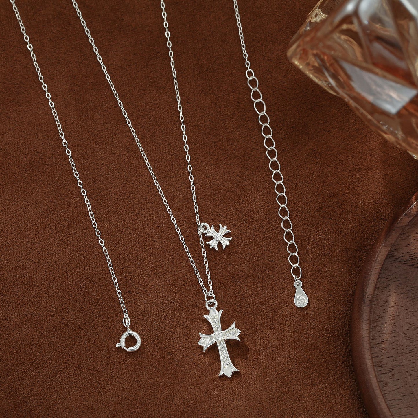 S999 Pure Silver Double Cross Necklace Adjustable Cable Chain