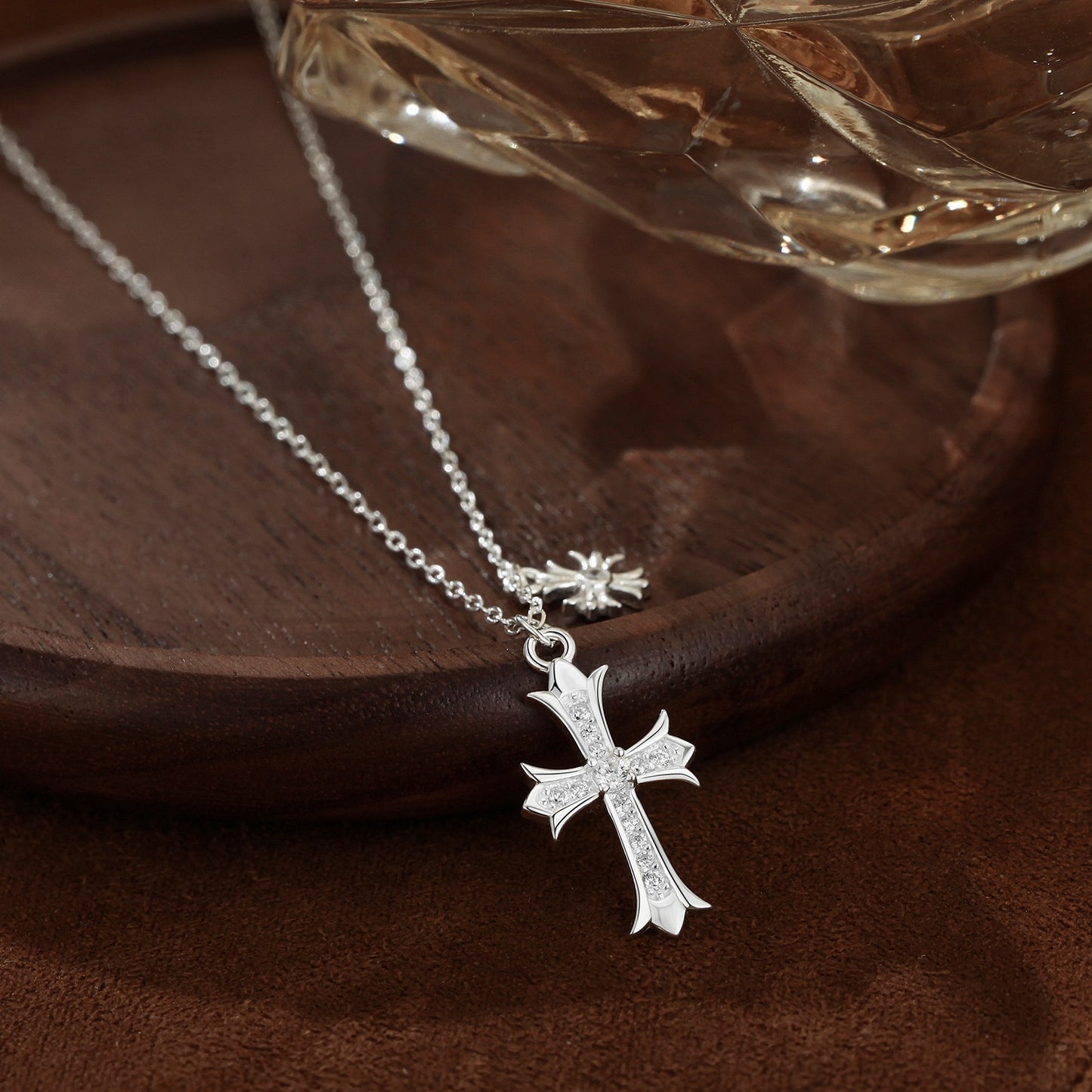S999 Pure Silver Double Cross Necklace Adjustable Cable Chain