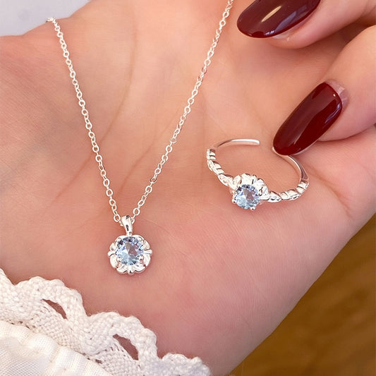 S925 Sterling Silver Aquamarine Necklace Ring Set Adjustable Jewelry