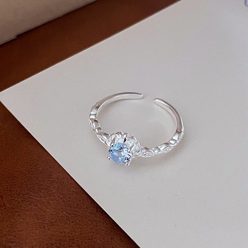 S925 Sterling Silver Aquamarine Necklace Ring Set Adjustable Jewelry