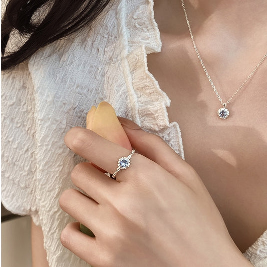 S925 Sterling Silver Aquamarine Necklace Ring Set Adjustable Jewelry