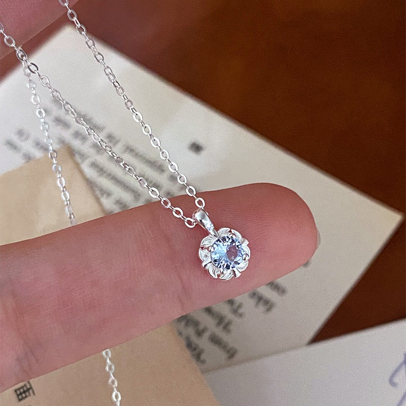 S925 Sterling Silver Aquamarine Necklace Ring Set Adjustable Jewelry