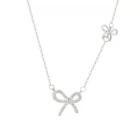 S925 Sterling Silver Bow Necklace with 5A CZ Adjustable Chain