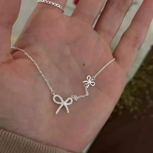 S925 Sterling Silver Bow Necklace with 5A CZ Adjustable Chain