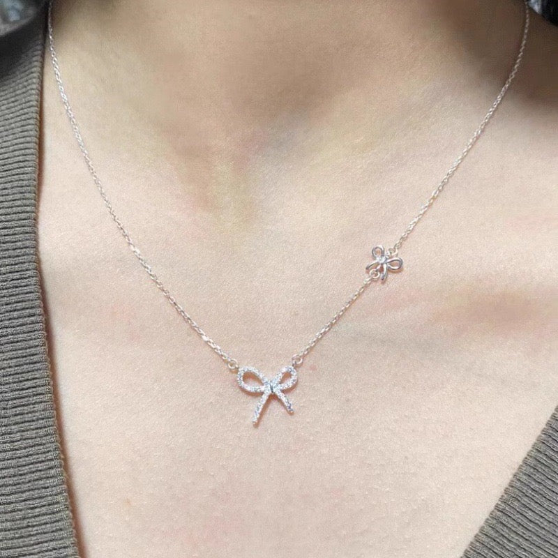 S925 Sterling Silver Bow Necklace with 5A CZ Adjustable Chain