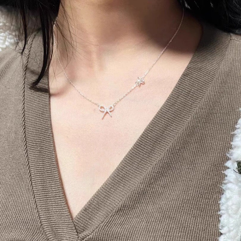 S925 Sterling Silver Bow Necklace with 5A CZ Adjustable Chain