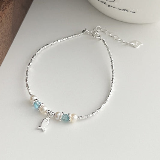 S925 Sterling Silver Aquamarine Pearl Chunky Link Bracelet Adjustable