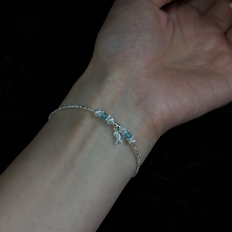 S925 Sterling Silver Aquamarine Pearl Chunky Link Bracelet Adjustable