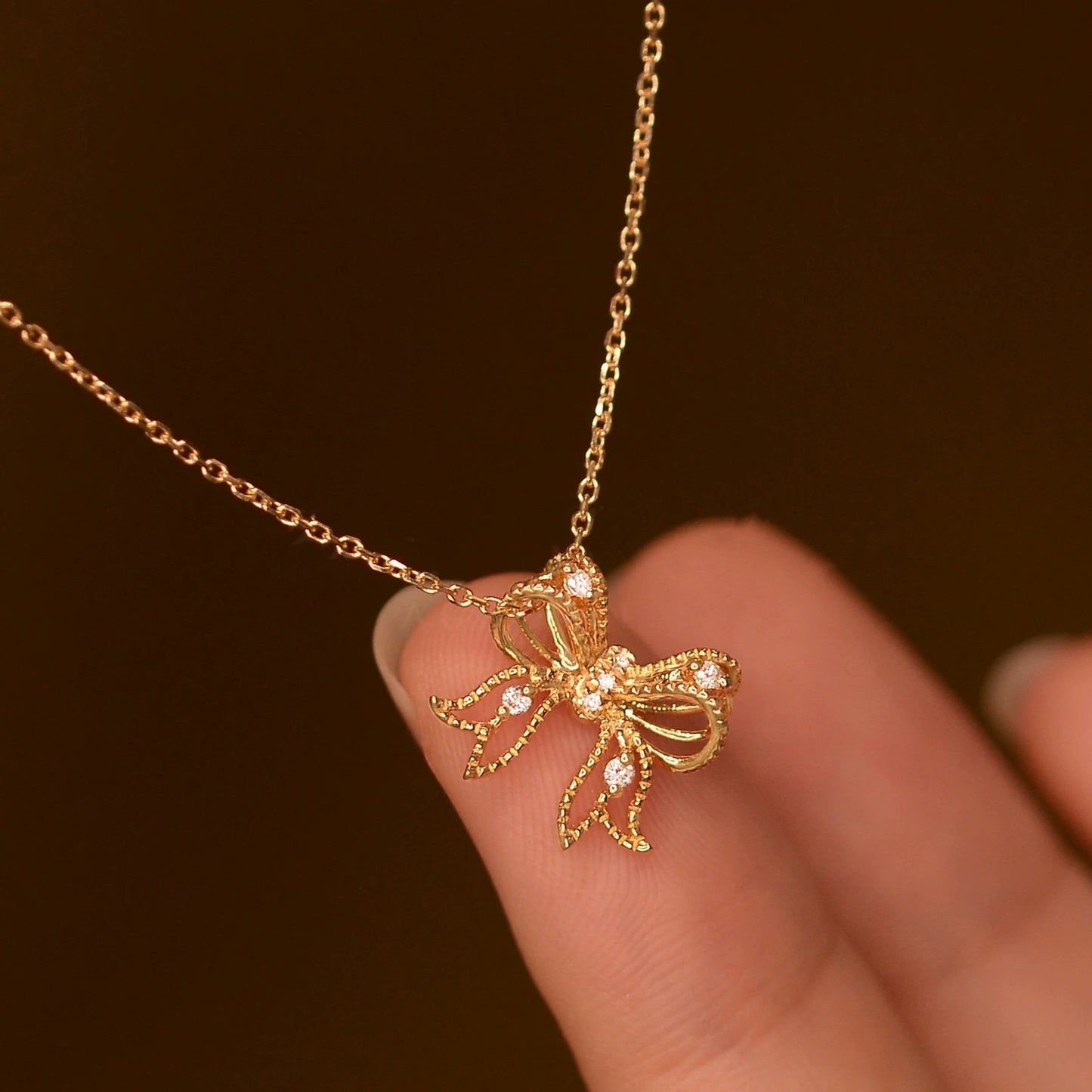 S925 Sterling Silver Bow Necklace with CZ Adjustable Chain
