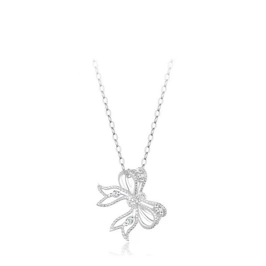 S925 Sterling Silver Bow Necklace with CZ Adjustable Chain
