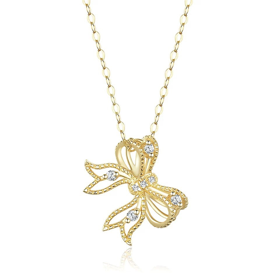 S925 Sterling Silver Bow Necklace with CZ Adjustable Chain