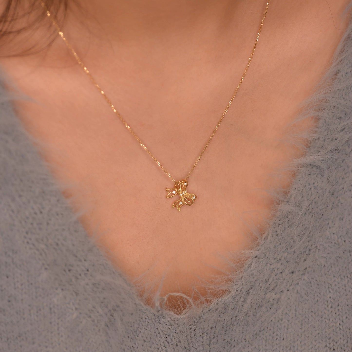 S925 Sterling Silver Bow Necklace with CZ Adjustable Chain