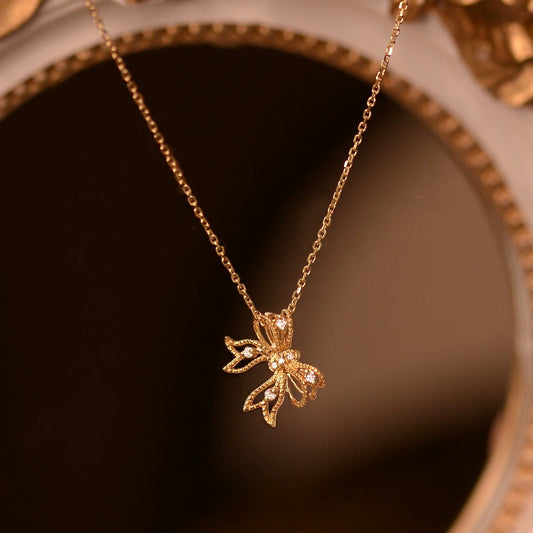 S925 Sterling Silver Bow Necklace with CZ Adjustable Chain