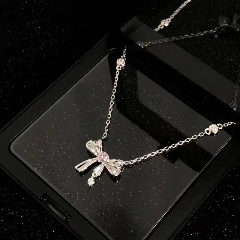 S925 Sterling Silver Bow Necklace Adjustable Ballet Style
