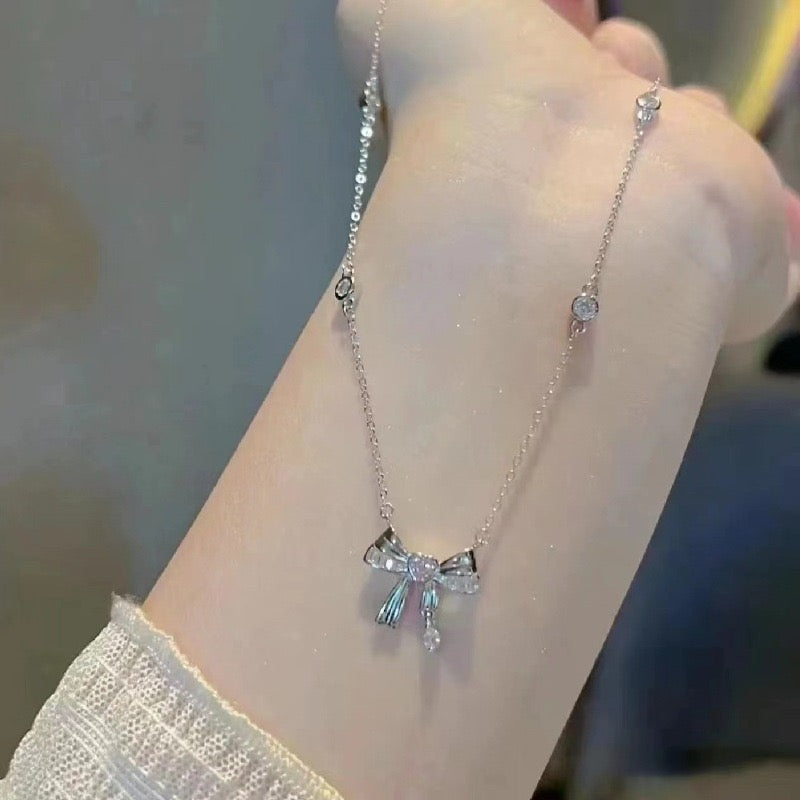 S925 Sterling Silver Bow Necklace Adjustable Ballet Style