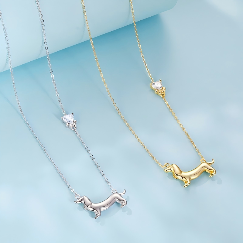 925 Sterling Silver Dachshund Joy Necklace Gold Plated Dog Pendant Necklace
