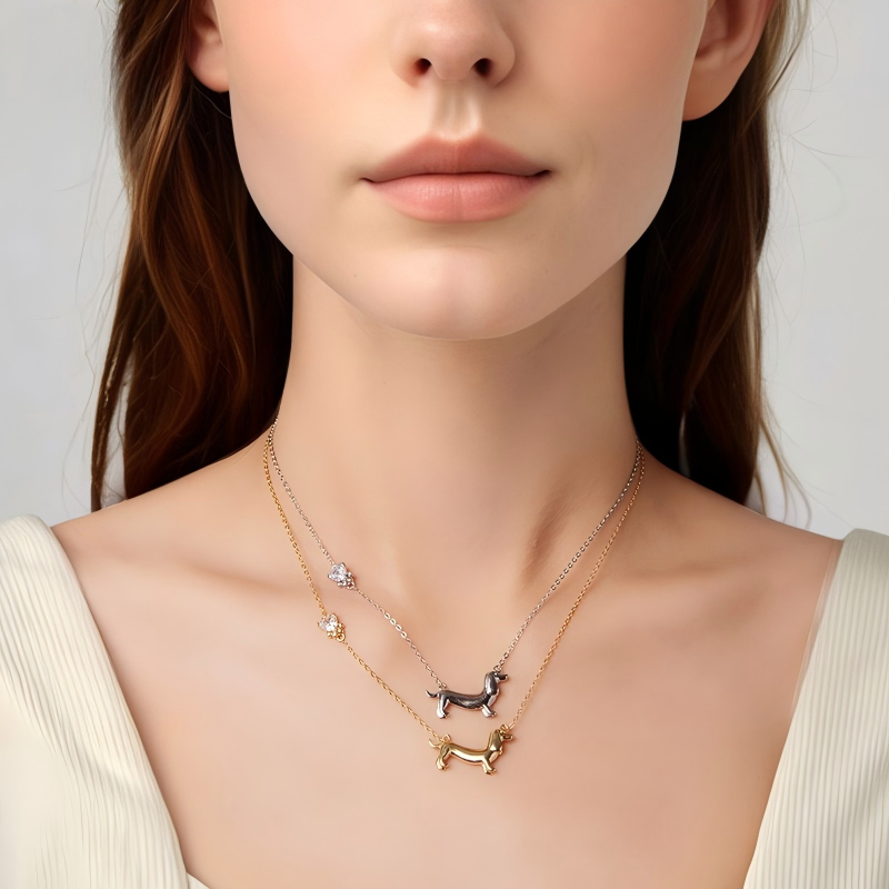 925 Sterling Silver Dachshund Joy Necklace Gold Plated Dog Pendant Necklace