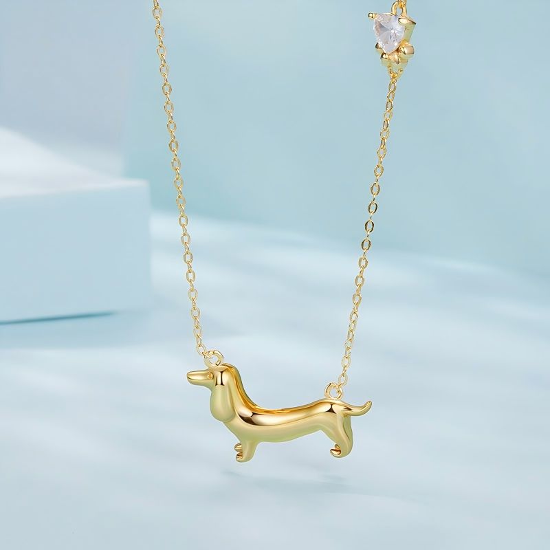 925 Sterling Silver Dachshund Joy Necklace Gold Plated Dog Pendant Necklace