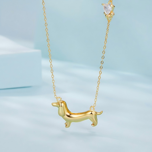 925 Sterling Silver Dachshund Joy Necklace Gold Plated Dog Pendant Necklace
