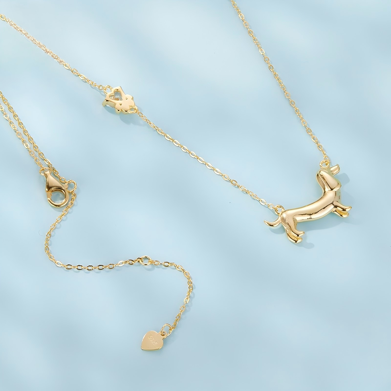 925 Sterling Silver Dachshund Joy Necklace Gold Plated Dog Pendant Necklace