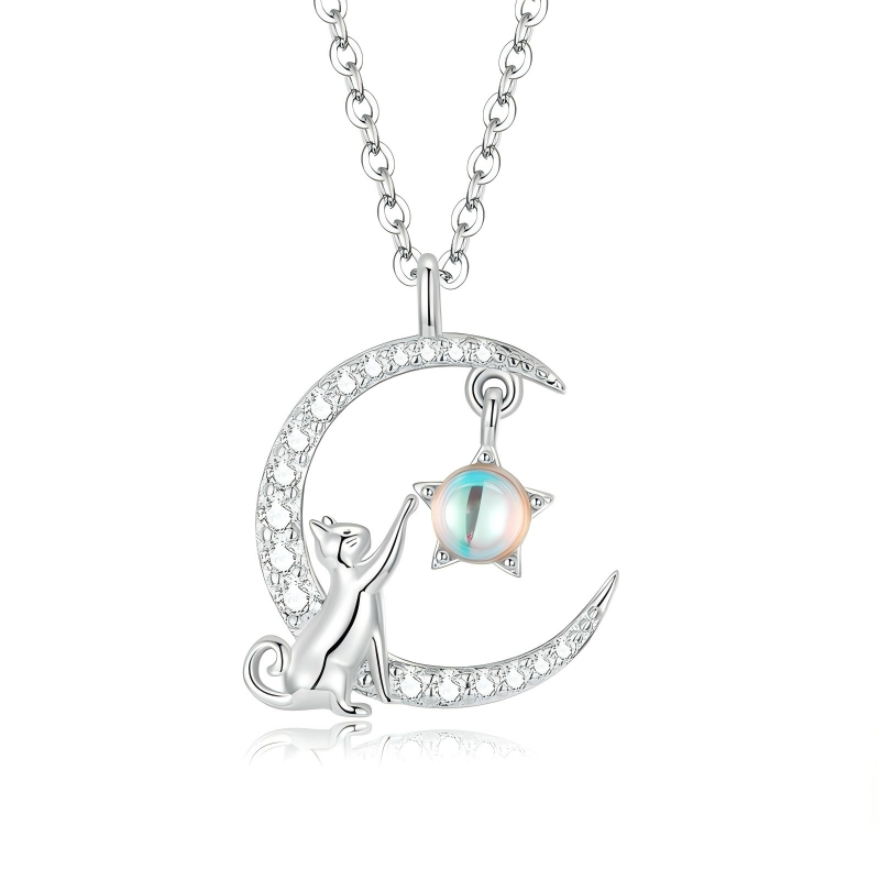925 Sterling Silver Moonlit Cat Necklace White Gold Moonstone Cat Pendant