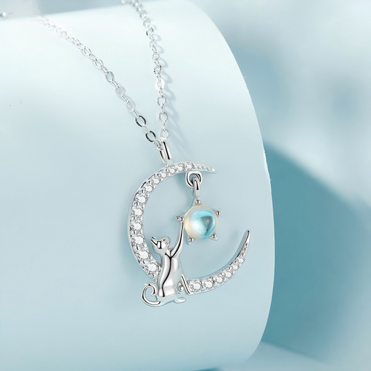 925 Sterling Silver Moonlit Cat Necklace White Gold Moonstone Cat Pendant