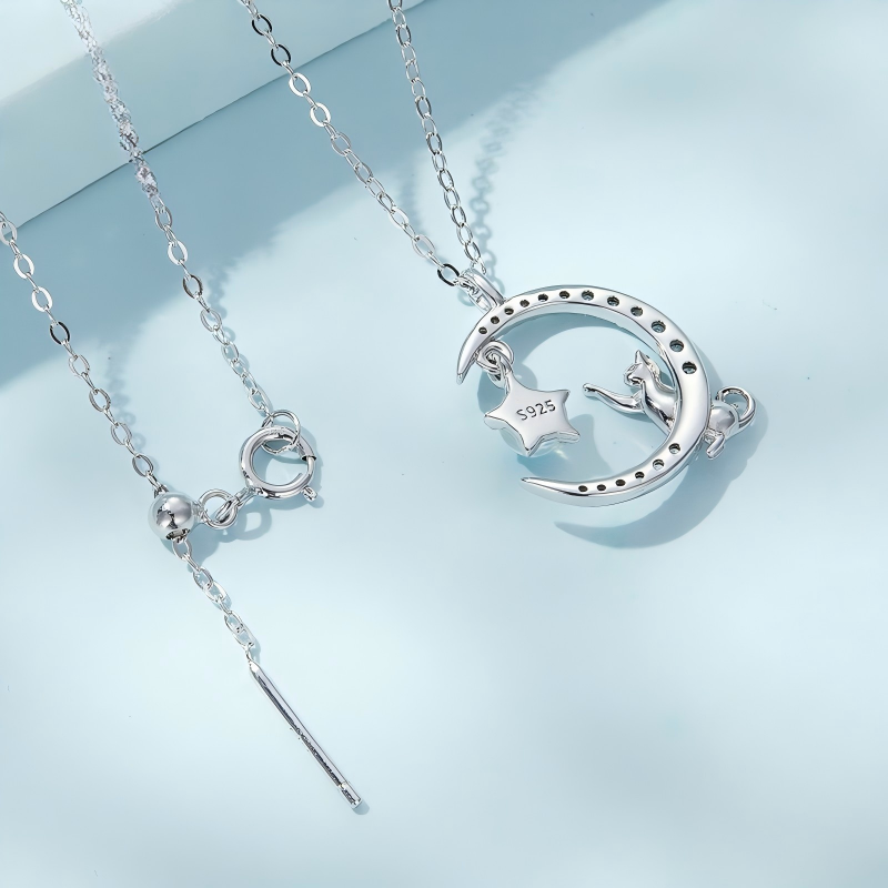 925 Sterling Silver Moonlit Cat Necklace White Gold Moonstone Cat Pendant