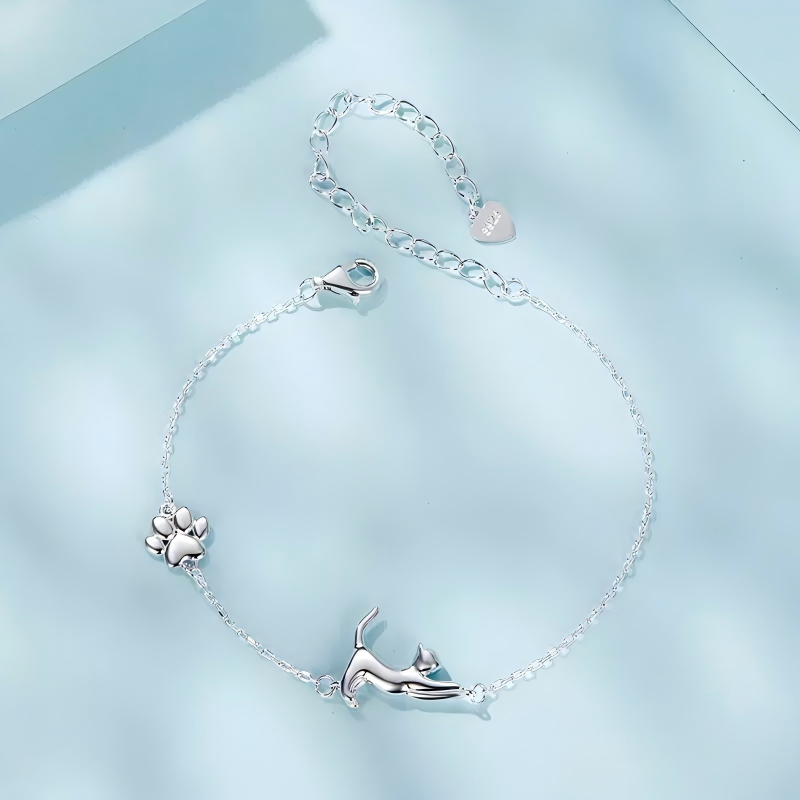 925 Sterling Silver Lazy Stretch Cat Bracelet White Gold Plated Cat Jewelry