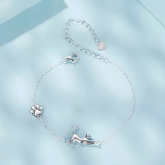 925 Sterling Silver Lazy Stretch Cat Bracelet White Gold Plated Cat Jewelry