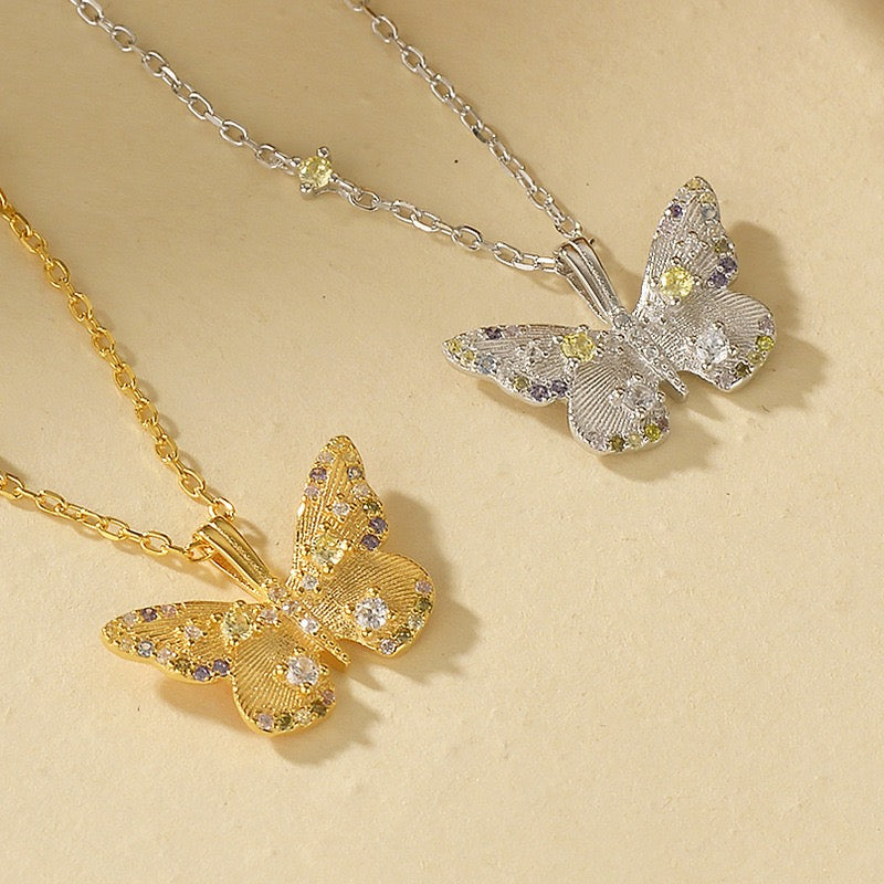 Etherea Butterfly 925 Sterling Silver Multicolor Zircon Butterfly Necklace