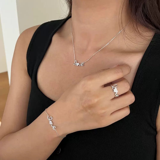 925 Sterling Silver Heart Script Ring and Bracelet Jewelry Set