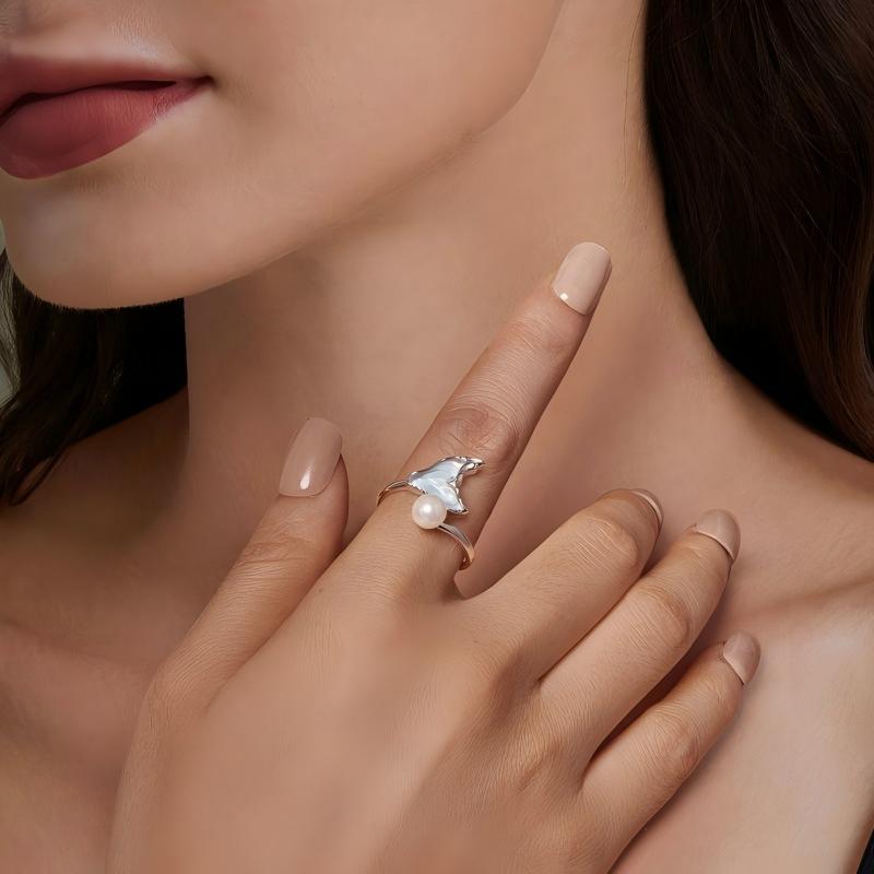 925 Sterling Silver Mermaid Tail Pearl Adjustable Open Ring