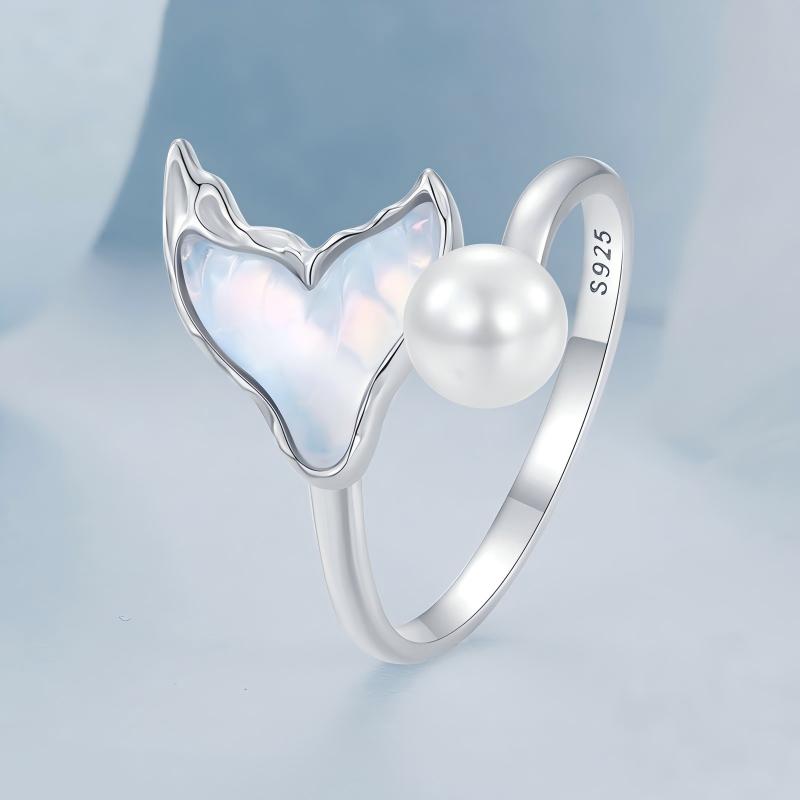 925 Sterling Silver Mermaid Tail Pearl Adjustable Open Ring