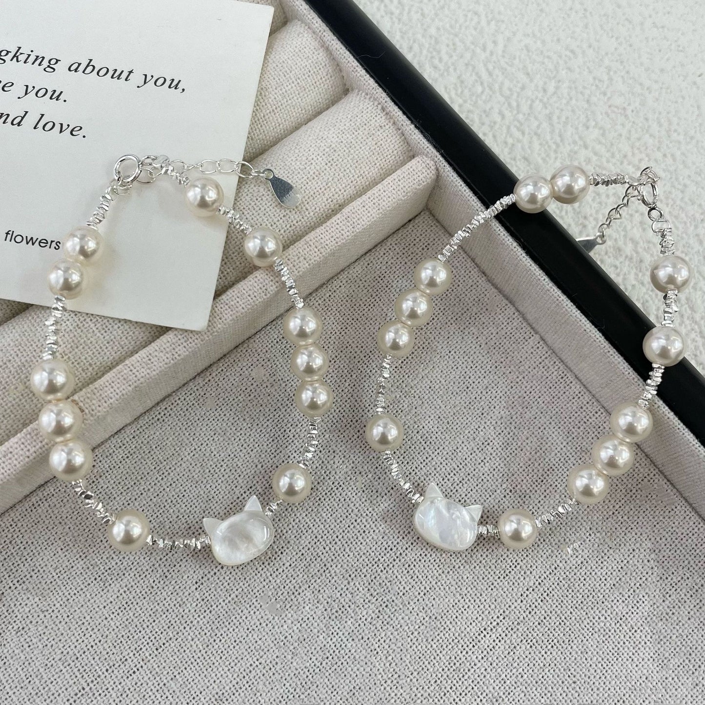 Luna Kitty Cat Pearl Beaded Bracelet S925 Sterling Silver