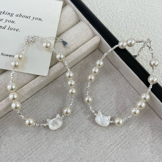 Luna Kitty Cat Pearl Beaded Bracelet S925 Sterling Silver