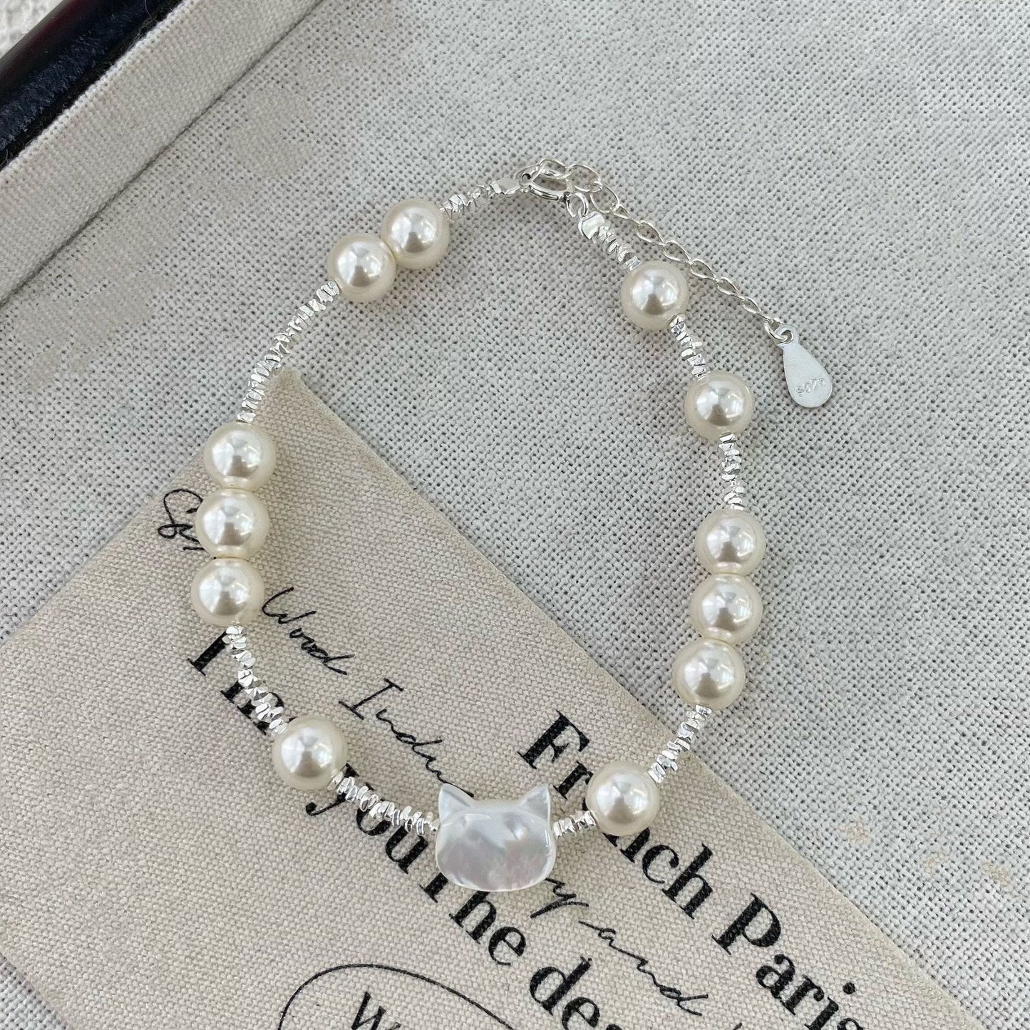 Luna Kitty Cat Pearl Beaded Bracelet S925 Sterling Silver